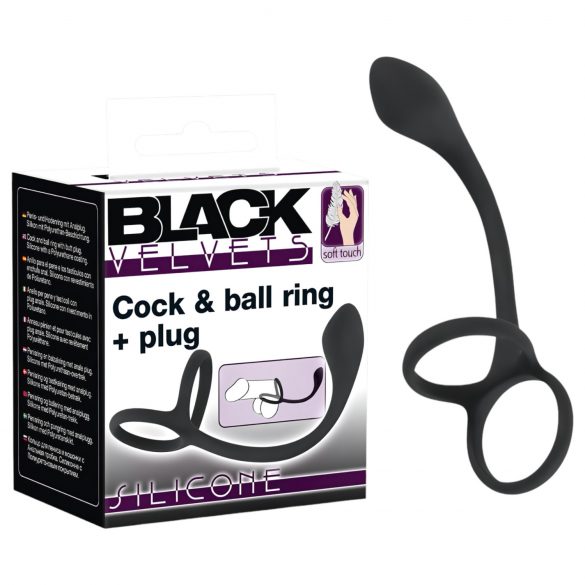 Black Velvet - dildo anal subțire cu inel penian și pentru testicule (negru)