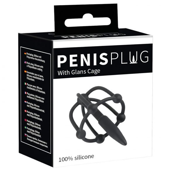 Plug penian - cușcă siliconică pentru gland cu dilatator uretral (negru)