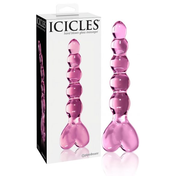 Icicles No. 43 - dildo de sticlă cu inimioare și mărgele (roz)