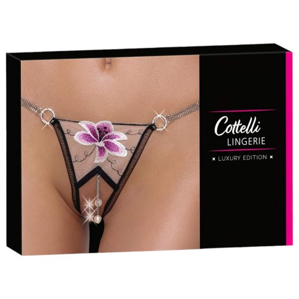 Cottelli - Tanga de lux cu flori de crin brodate (alb-negru) - M/L