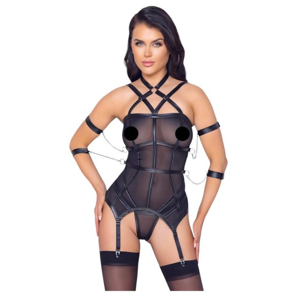 Top cu curele Cottelli Bondage și mânere pentru mâini și tanga (negru)  - M