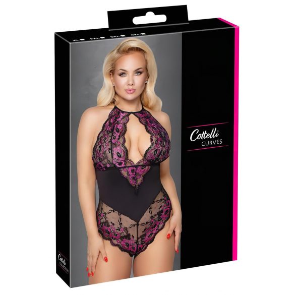 Cottelli Plus Size - body cu flori (negru-violet)