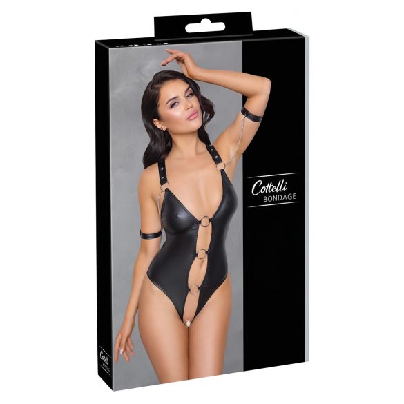 Cottelli Bondage - body deschis strălucitor cu inele (negru) - XL