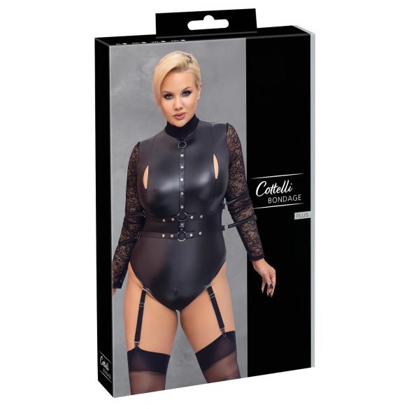 Cottelli Bondage Plus Size - body cu mâneci din dantelă (negru) - 3XL