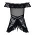 Obsessive Flores - babydoll cu volane și flori, cu chiloțel tanga (negru) - L/XL