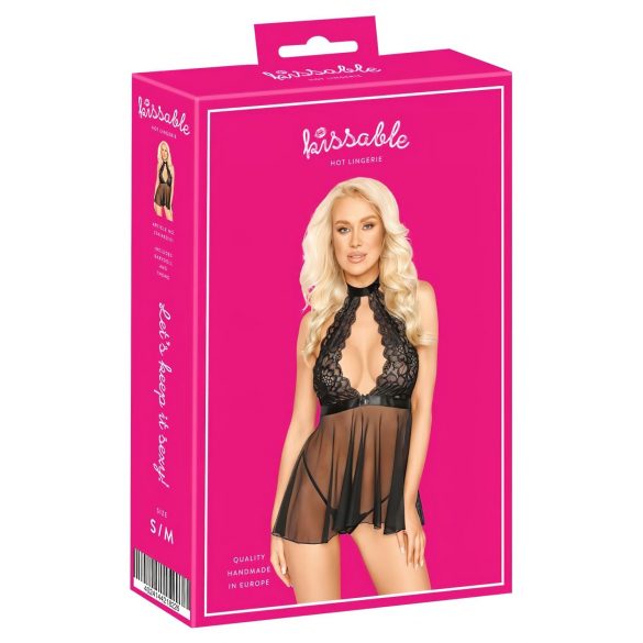 Babydoll Kissable cu guler din dantelă (negru)