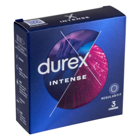 Sure, the translation of the product name from Hungarian to Romanian is:

Durex Intense - prezervativ cu nervuri și puncte (3 bucăți)