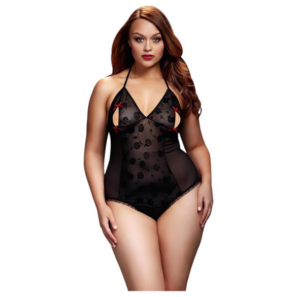 BACI Plus Size - body transparent cu guler, negru (XL-XXL)